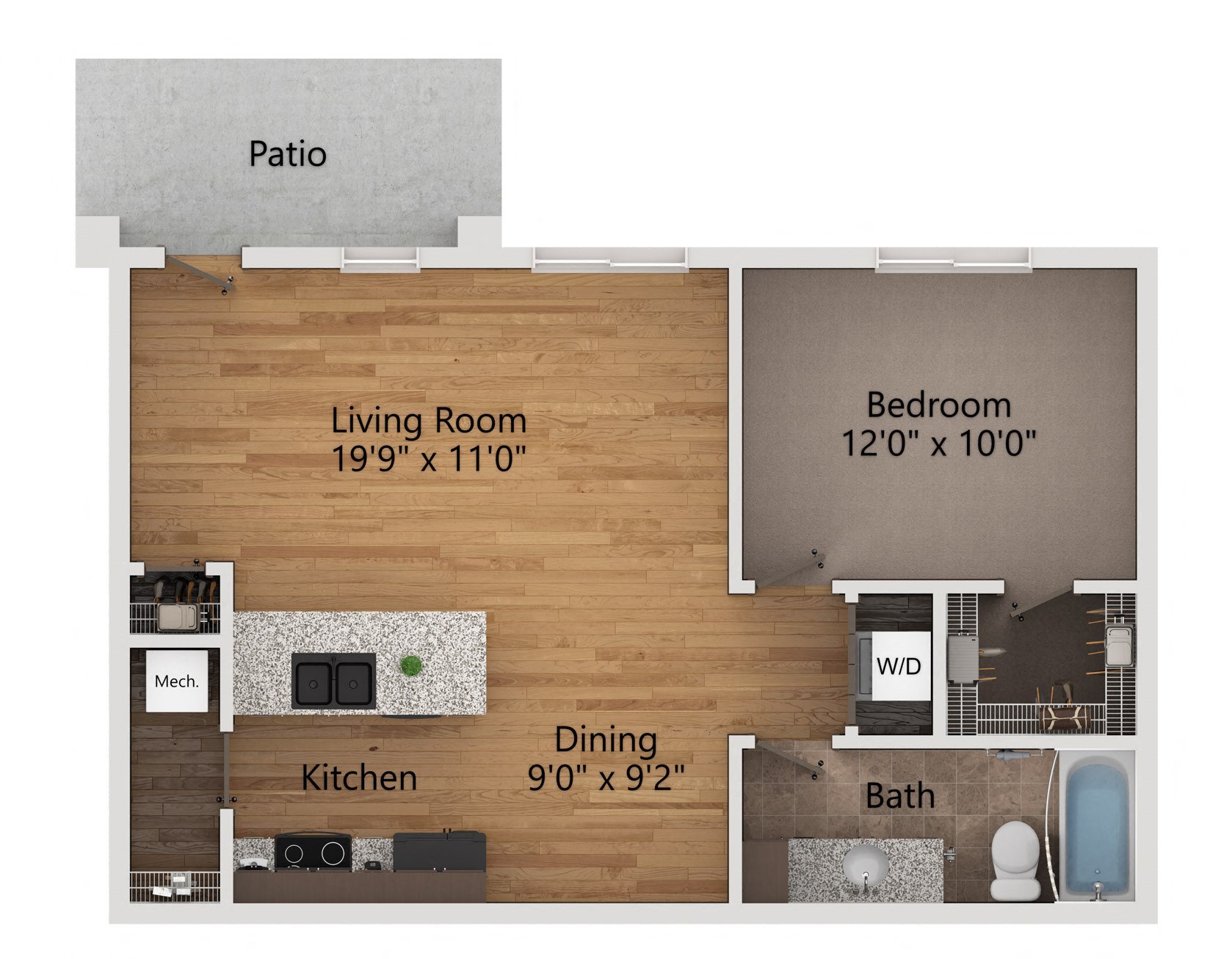 Floor plan for 1 bed, 1 bath, 682 sqft
